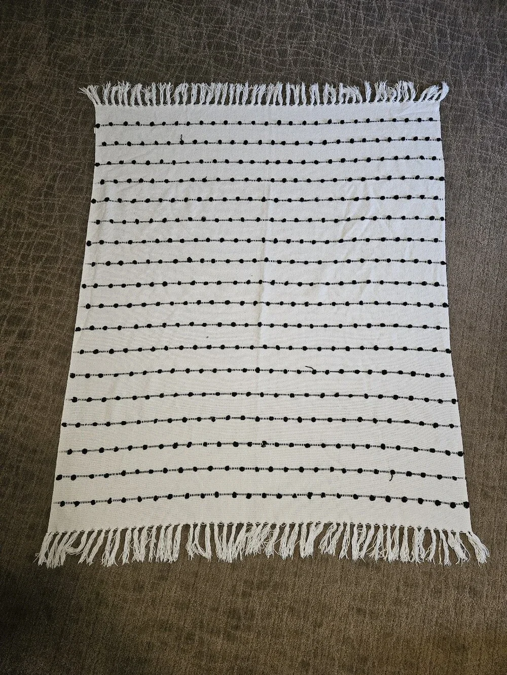 Off-white & Black Woven Cotton Loop Throw Blanket With Fringe
